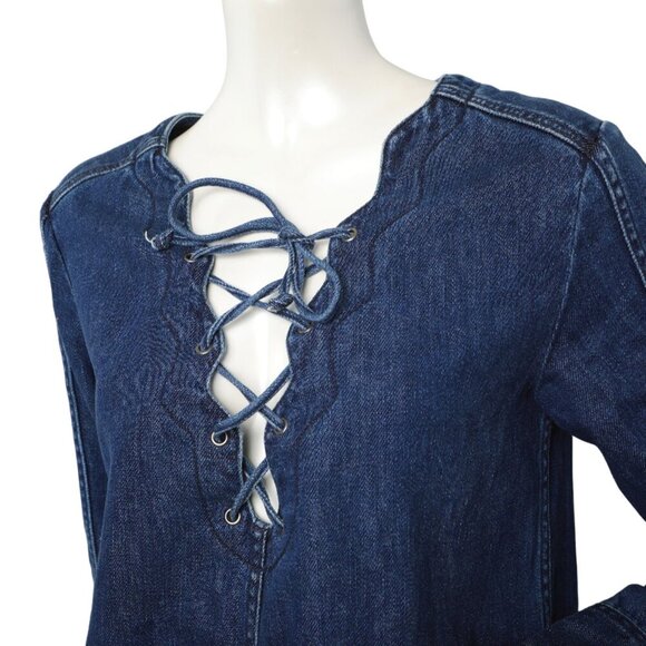 Free People Neapolitan Dreams Blue Denim Tunic Top Cotton Lace Up Shirt Boho - Picture 7 of 10